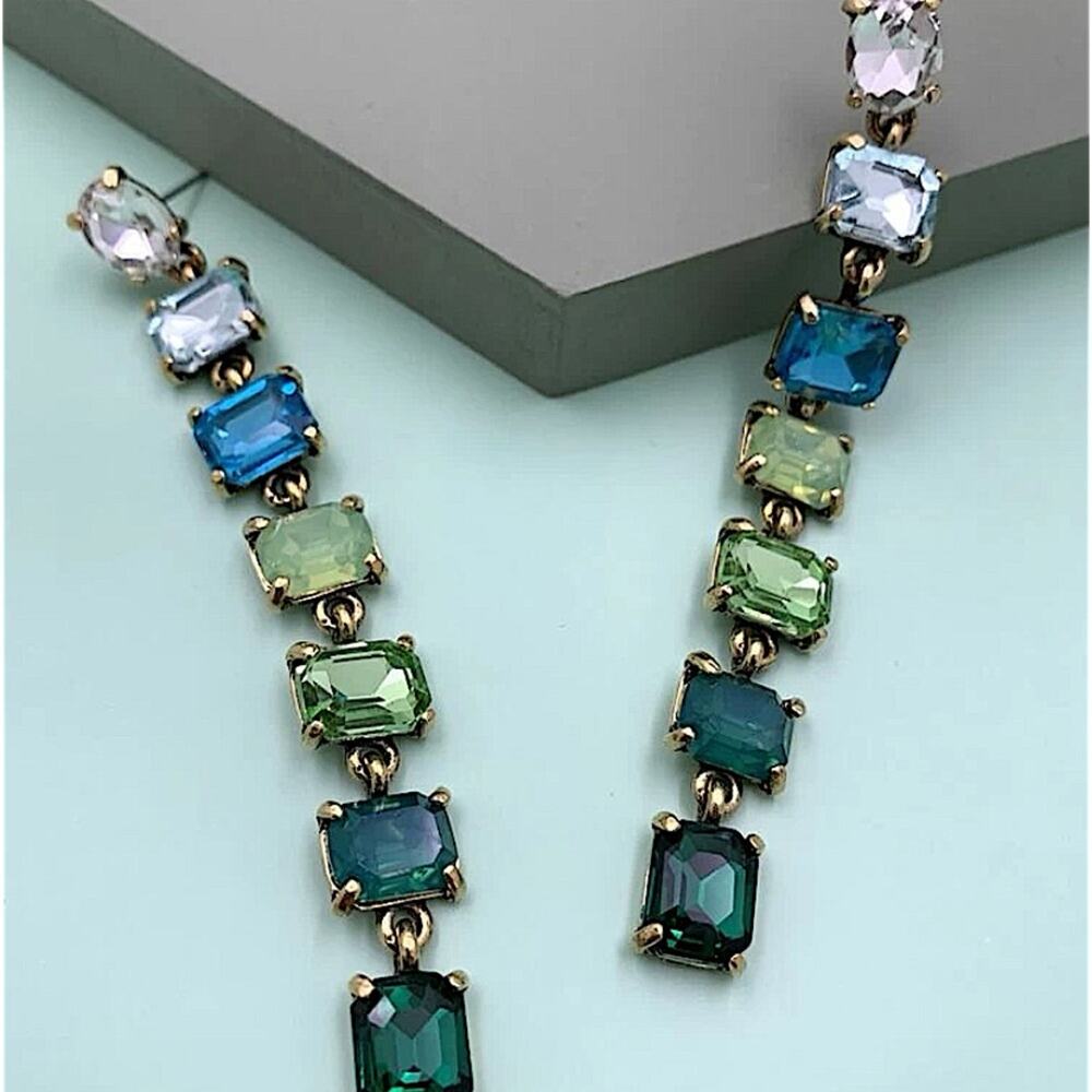 Antique Gold Emerald Cut Crystal Opal Sapphire Aquamarine Tassel Drop Earrings - Picture 7 of 12